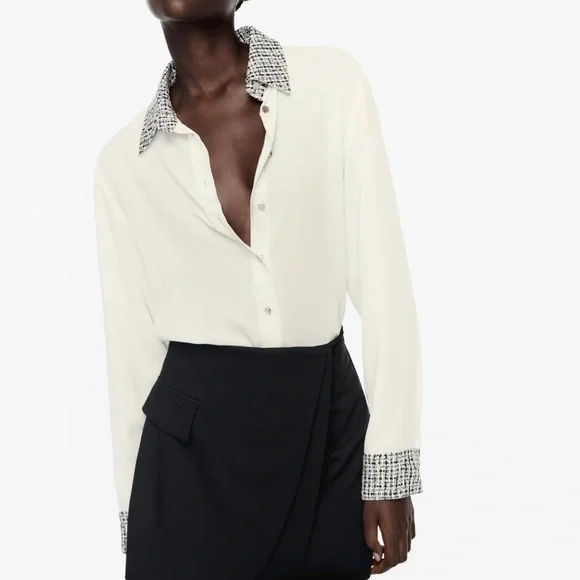 NWT Zara “MIXED SHIRT” Button Down Blouse - Picture 2 of 11